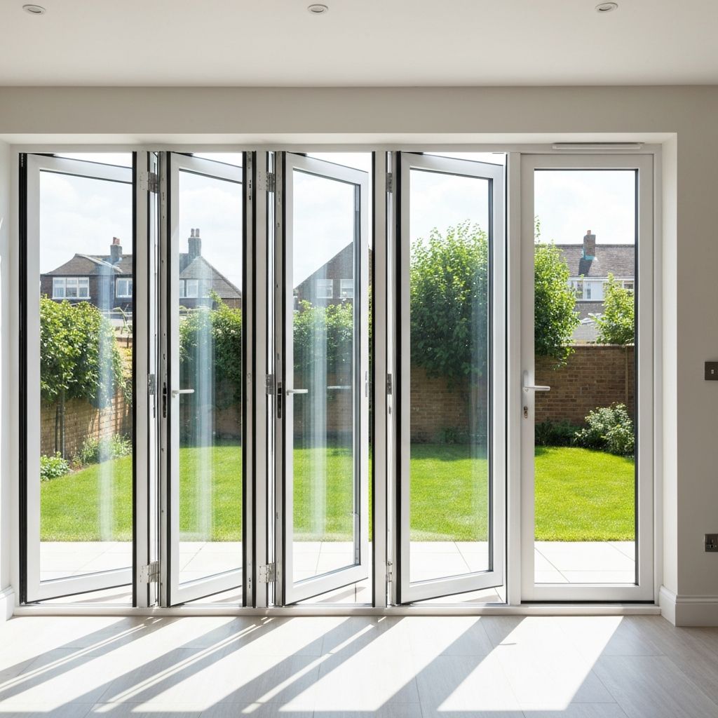 Open white uPVC bi-fold doors leading to a British garden