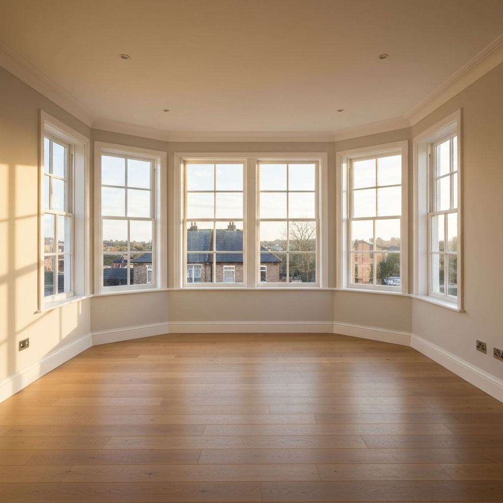 Bright living room with large uPVC bay windows
