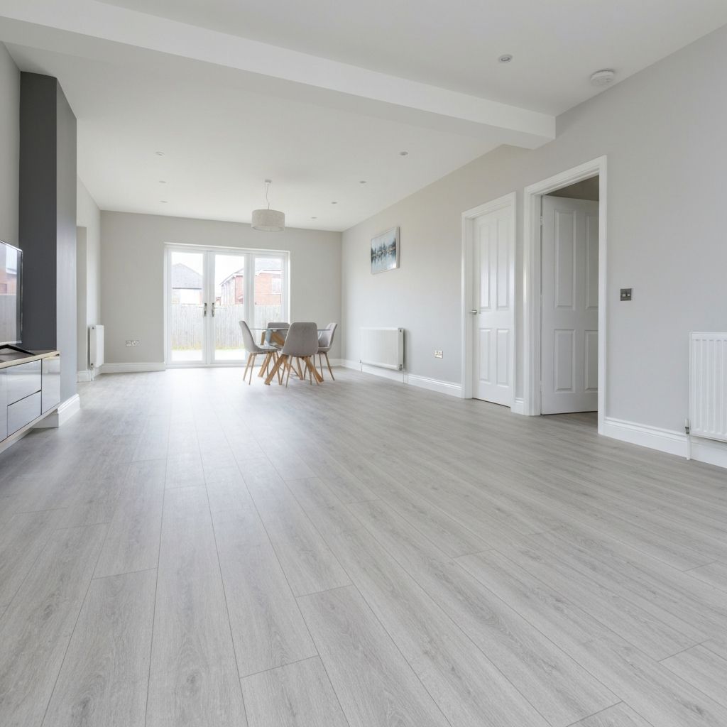 Freshly installed engineered hardwood flooring in a modern British home